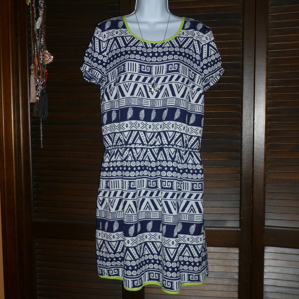 LMD Blue & White Geometric Aztec Print Dress, M